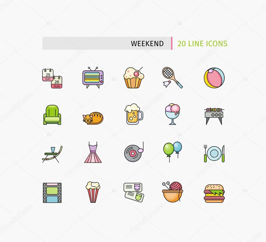 Set of Thin Lines Weekend Picnic Icons
