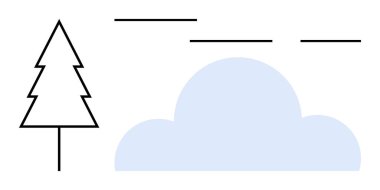 Yumuşak mavi bir bulutun yanındaki çam ağacı çizgisi, yatay soyut çizgilerle aksanlı. Doğa için ideal, basitlik, minimalizm, sükunet, çevre dostu, açık hava temaları, basit düz metafor