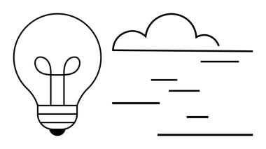 Bulut ve yatay çizgileri olan ampul fikirleri, yaratıcılığı, enerjiyi ve yeniliği sembolize ediyor. Teknoloji, beyin fırtınası, inovasyon, yenilenebilir enerji, girişim kavramları için ideal
