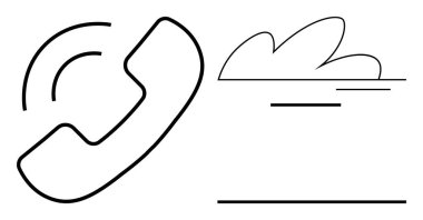 Minimalist telefon alıcısı bir bulut anahatının yakınından sinyal yayıyor, iletişimi, bağlantıyı ve teknolojiyi sembolize ediyor. Ağ kurmak, telekomünikasyon, bulut depolama, müşteri hizmetleri için ideal