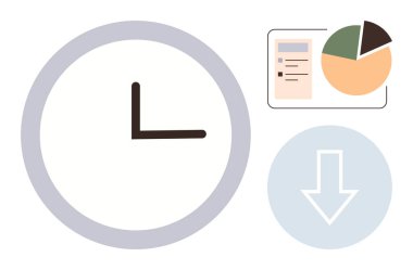Zaman yönetimini temsil eden saat, veri görselleştirmesini gösteren pasta grafiği ve indirmeyi ya da yönü belirten ok. Üretkenlik, analitik, iş akışı, zamanlama, organizasyon için ideal