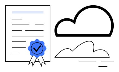 Mavi mühürlü ve bulut tasarımlarının yanında işaretli sertifikalı belge. Eğitim, teknoloji, dijital depolama, veri güvenliği, bulut hizmetleri, sertifika, doğrulama için ideal. Temiz daire
