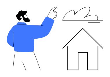 Sakallı adam basit bir ev çizgisi ve bulut şeklinde el kol hareketi yapıyor. Gayrimenkul, ilham, planlama, ev satın alma, mimarlık, yaratıcılık, kavramsal düşünce için ideal. Basit düz metafor