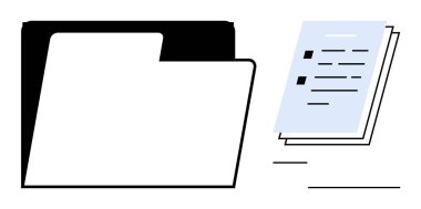 Siyah klasörü aç ve metin vurgulama organizasyonu, belge yönetimi ve kayıt arşivlemesi içeren sayfaları istifle. Yönetim, ofis, veri depolama, dosyalama, evrak, asgari tasarım için ideal