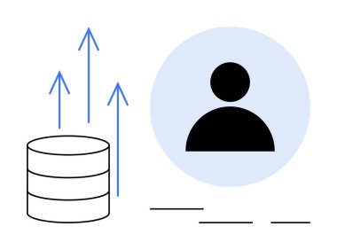 Yukarı doğru oklu veri tabanı büyümeyi ya da transferi gösteriyor, kullanıcı silueti daire şeklinde. Veri depolama, kullanıcı yönetimi, analitik, bulut hesaplama, ağ, teknoloji, basit düz metafor