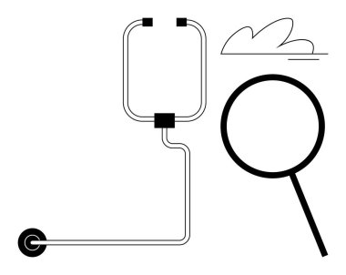 Büyüteç, steteskop, soyut bulut şekli sağlık hizmetlerini, teşhisi, incelemeyi, araştırmayı tasvir etmek için birleştirir. Tıbbi analiz, soruşturma ve problem çözme buluşları için ideal.