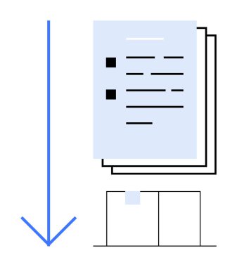 Evrak yığını, büyük mavi aşağıya doğru oklu teslim kutusunun üzerine yerleştirilmiş. Sunum, iş akışı, organizasyon, görev yönetimi, dosya transferi, dijital formlar, basit düz metafor