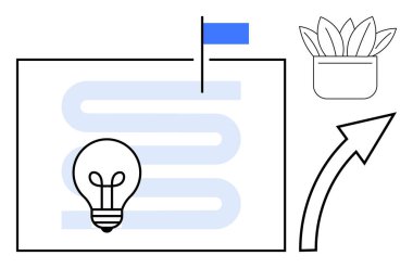 Dönemeçteki bir yol üzerindeki ampul bayrağa, yukarı doğru eğimli bir oka ve saksı bitkisine gidiyor. Yenilik, büyüme, fikirler, hedefler, planlama stratejisi motivasyonu için idealdir. Basit düz metafor
