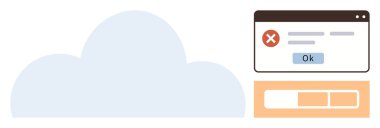 Kip penceresi, onay düğmesi ve yükleme çubuğu üzerinde hata işareti olan bulut ve uyarı iletisi. Bulut hesaplama, hata yönetimi, veri işleme, kullanıcı arayüzü, uyarı tasarımı için ideal