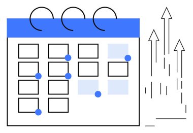 İşaretli tarihleri ve yukarı bakan okları olan takvim. Planlama, strateji, verimlilik, hedef belirleme, zaman yönetimi, organizasyon ve büyüme için ideal. Basit düz metafor