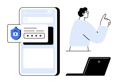 Şifreli akıllı telefon, güvenlik için kalkan simgesi, parmak kaldıran kullanıcı ve dizüstü bilgisayar. Siber güvenlik, veri koruması, kimlik doğrulama, mahremiyet, çevrimiçi güvenlik erişimi denetimi için ideal