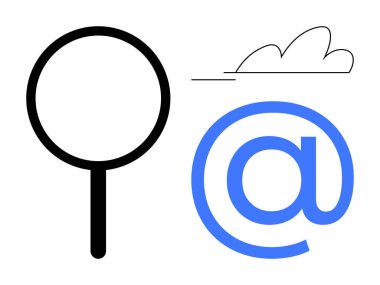 Simgesel siyah büyüteç, sembolde mavi ve yukarıda bulut internet temalarını sembolize ediyor. İletişim, arama, e-posta, bulut hesaplama teknolojisi veri ağı için ideal. Temiz