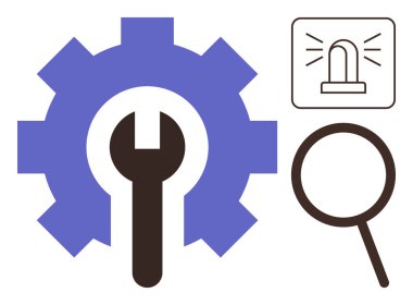 Onarım için ingiliz anahtarı, alarm için acil durum ışığı ve inceleme için büyüteç. Bakım, sorun giderme, optimizasyon, alarm sistemleri, teknik destek, analiz için ideal