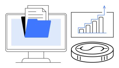 Dizin ve dokümanlı bilgisayar monitörü, büyüme eğilimini gösteren çubuk grafik, gelir simgesi para. Finans, analiz, organizasyon, dijital depolama, ilerleme, iş sade daire