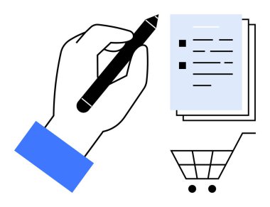 Listede el yazısı kalem, kağıtlar istiflenmiş ve alışveriş arabası yanında. Planlama, üretkenlik, e-ticaret, organizasyon, dijital iş akışı, tüketici alışkanlıkları, basit düz metafor