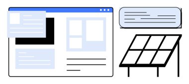 Yüzen pencerelerle web arayüzü, metin elementleri, sürdürülebilirliği, enerji verimliliğini ve dijital çözümleri gösteren güneş paneli. Teknoloji, enerji, yenilik ve gelecekteki çevre için ideal