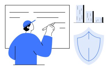 Tahtada yazan kişi, çubuk grafiği veriyi simgeler, kalkan da korumayı. Eğitim, planlama, analiz, strateji, güvenlik işi karar verme süreci için idealdir. Temiz, düz metafor