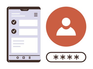 Kontrol listesi ve navigasyon menüsüne sahip cep telefonu ekranı, daire içindeki kullanıcı profili avatarı ve maskeli karakterli parola alanı. Güvenlik, giriş, uygulama tasarımı, teknik öğretiler ve kullanıcı için ideal
