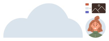 Büyük bulut simgesi, neşeli ifadeli kullanıcı avatarı, ve bir veri paneli görsel. Teknoloji, bulut hesaplama, depolama hizmetleri, veri yönetimi, kullanıcı profilleri, ağ oluşturma ve modern için ideal