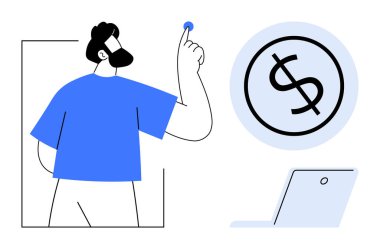 Para yönetimini temsil eden para birimi simgesi ile etkileşim halinde olan bir adam. Finans, tasarruf, yatırım, bütçe, çevrimiçi ödeme, iş stratejisi ekonomik başarı için ideal. Minimalist basit düz