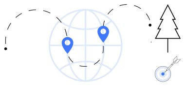 Mavi konum işaretli küre, noktalı seyahat yolları, ağaç ve bir okla hedef. Seyahat, mesafe, lojistik, sürdürülebilirlik odaklanma hedefleri için idealdir. Temiz düz metafor