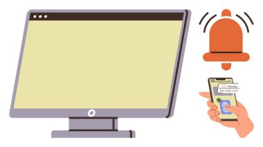 Masaüstü monitörü, mesajları gösteren aktif akıllı telefon ve alarm zili işareti. Teknoloji, iletişim, uyarı, bildirim, çevrimiçi faaliyet için ideal, çok görevli basit düz metafor