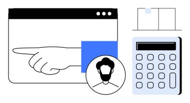 Tarayıcı penceresinde el işaretleme, kullanıcı profili sembolü, hesap makinesi, görev kontrol listesi. Takım çalışması, üretkenlik, çevrimiçi öğrenme, analitik, görev yönetimi basit düz metafor planlaması için ideal
