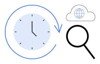 Dairesel oklu saat, bulutun altında bir küre gösteren büyüteç. Zaman izleme, verimlilik, araştırma, küresel arama, organizasyon, dijital araçlar, basit düz metafor