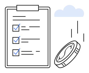 Tamamlanmış görevlerin listesiyle pano, madeni kararları sembolize eden madeni para düşüşü, bir bulutla eşleştirilmiş. Planlama, finans, refah, organizasyon, iş, üretkenlik için ideal basit