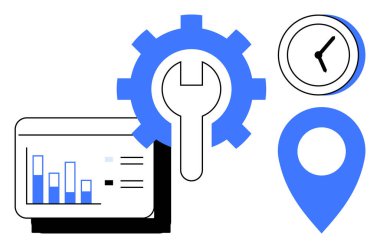 Analiz çizelgesi, saat ve GPS işaretçisinin etrafını sarın. Zaman yönetimi, veri analizi, mühendislik, lojistik, seyrüsefer verimliliği iş araçları için idealdir. Basit düz metafor
