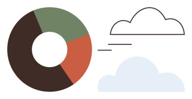 Renkli pasta tablosu ve iki bulut, analitiği, veri içgörülerini, istatistikleri, stratejiyi, tahminleri, çevreyi ve araştırmayı sembolize ediyor. İş sunumları, raporlar ve gösterge panelleri için ideal. A