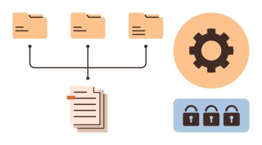 Merkezileştirilmiş bir merkez, belgeler, teçhizat ve sistem kontrolü ve güvenliği sağlayan kilitler üzerine bağlanmış klasörler. Dosya yönetimi, dijital organizasyon, siber güvenlik, bilişim sistemleri, gizlilik için ideal