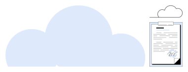 Ellerinde e-imzalı bir belge olan büyük bulut şekli. Güvenlik, bulut depolama, dijital anlaşmalar, işbirliği, iş akışı, uzaktan çalışma, basitleştirilmiş veri erişimi için ideal. Basit düz