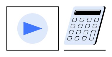 Mavili oynatma tuşu ve multimedya işlemleri ve finansal hesaplamaları gösteren hesap makinesi. Yenilik, verimlilik, verimlilik, teknoloji, bütçe, eğitim ve lojistik için ideal. Basit.