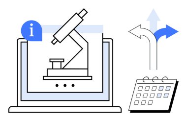 Bir mikroskop, mavi bilgi simgesi, üç yöne bakan navigasyon okları ve bir takvim gösteren bir dizüstü bilgisayar. Araştırma, eğitim, planlama, analiz, navigasyon stratejisi için ideal