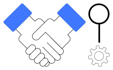 İki elin titremesi birlik, işbirliği ve ortaklığı simgeler. Büyüteç ve dişli ise analizi, yeniliği ve ilerlemeyi sembolize eder. Takım çalışması, işbirliği, araştırma, strateji için ideal