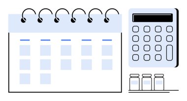 Spiral takvim, hesap makinesi ve üç şişenin yanı sıra zaman yönetimi, finansal planlama, görev organizasyonu ve sağlık hizmetlerinin çizelgesini gösteriyor. Üretkenlik ve bütçe için ideal