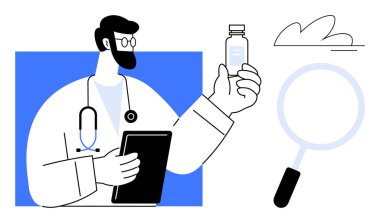 Doktor bir elinde şişe, diğer elinde tablet, büyüteç, soyut arka plan. Sağlık, araştırma, tanı, eczacılık yenilik eğitimi için idealdir. Basit düz