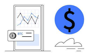 Yükselen eğilimleri, Bitcoin uyarısı ve büyük dolar işareti olan akıllı telefon sergi tablosu. Finans, kripto para birimi, yatırım, ticaret, teknoloji, dijital ekonomi için idealdir.