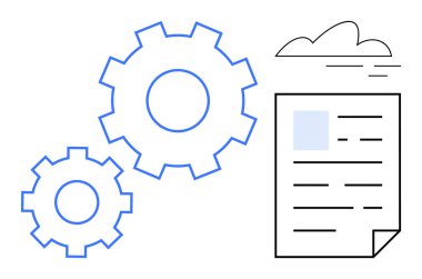 İki birbirine kenetlenmiş vites, metin düzeni olan bir belge ve minimalist bir bulut taslağı. İş akışı, otomasyon, iş süreci, yenilik, sistem entegrasyonu için ideal, üretkenlik basit düz