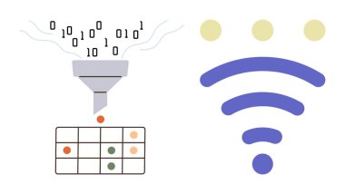 Huni, kablosuz sinyal simgesi ile eşleştirilmiş ikili veriyi organize bir tabloya filtreler. Teknoloji, veri analizi, dijital iletişim, bulut hesaplama, sistem organizasyonu, yapay zeka süreçleri için ideal