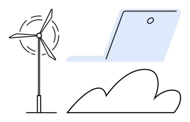 Rüzgar türbini, enerji dizüstü bilgisayar modern teknolojiyi simgeliyor, bulut da depoyu temsil ediyor. Sürdürülebilirlik, yenilik, teknoloji, yenilenebilir enerji, dijital dönüşüm, temiz
