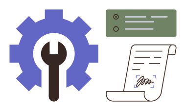 İç dişli anahtarı, imzalı belge parşömeni ve kontrol listesi dikdörtgeni görevleri, anlaşmaları ve sistemleri vurguluyor. İş akışı, bakım, sözleşmeler, üretkenlik organizasyonu sistemleri için ideal basit