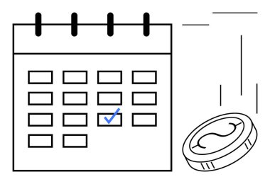Bir tarih ve yakınlarda büyük bir madeni para işaretli takvim ızgarası. Zaman yönetimi, bütçe planlaması, son başvuru tarihleri, hedef belirleme, tasarruflar, basit düz metafor