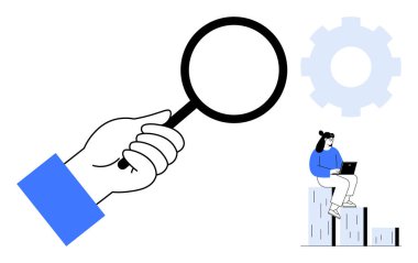 Büyüteç, dizüstü bilgisayarı kullanan bir kadın grafikte oturuyor, dişli ikonu araştırmayı, analizi, veri içgörüsünü vurguluyor. İş, teknoloji, eğitim, araştırma takım çalışması stratejisi için ideal