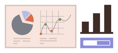 Pasta grafiği, çizgi grafiği, bar tablosu ve veri analizlerini, eğilimleri ve büyümeyi temsil eden ilerleme çubuğu. İş, finans ve araştırma stratejisi raporları için ideal sunumlar basit düz metafor