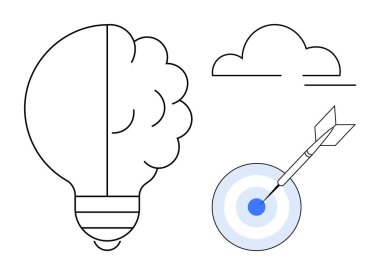 Yenilik için beyin dolu ampul, başarı için hedefi vuran ok ve fikir için bulut. Yaratıcılık, beyin fırtınası, problem çözme, odaklanma, başarı, planlama için ideal