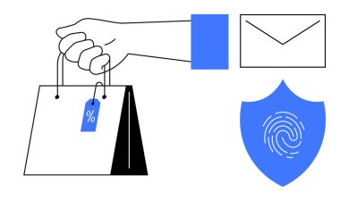 İndirim etiketli el çantası iletişimi sembolize eden zarf güvenlik için parmak izli kalkan. E-ticaret, siber güvenlik, pazarlama, iletişim ve alışveriş için ideal