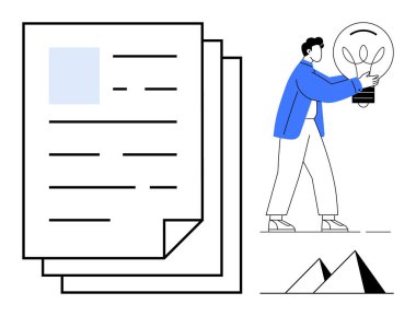 Ampulü olan biri istiflenmiş belgelerin ve piramit şekillerinin yanında yürüyor. Yaratıcılık, yenilik, sorun çözme, eğitim, strateji, iş planlaması, soyut kavramlar, basit düz konseptler için ideal