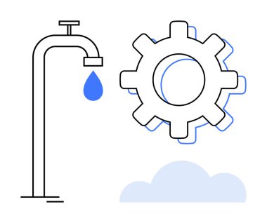 Mavi damlası olan su musluğu, işlemleri simgeleyen ekipman ve bulut. Otomasyon, verimlilik, su yönetimi, teknoloji, kaynak optimizasyonu ekolojik yenilik bulut altyapısı için ideal. A